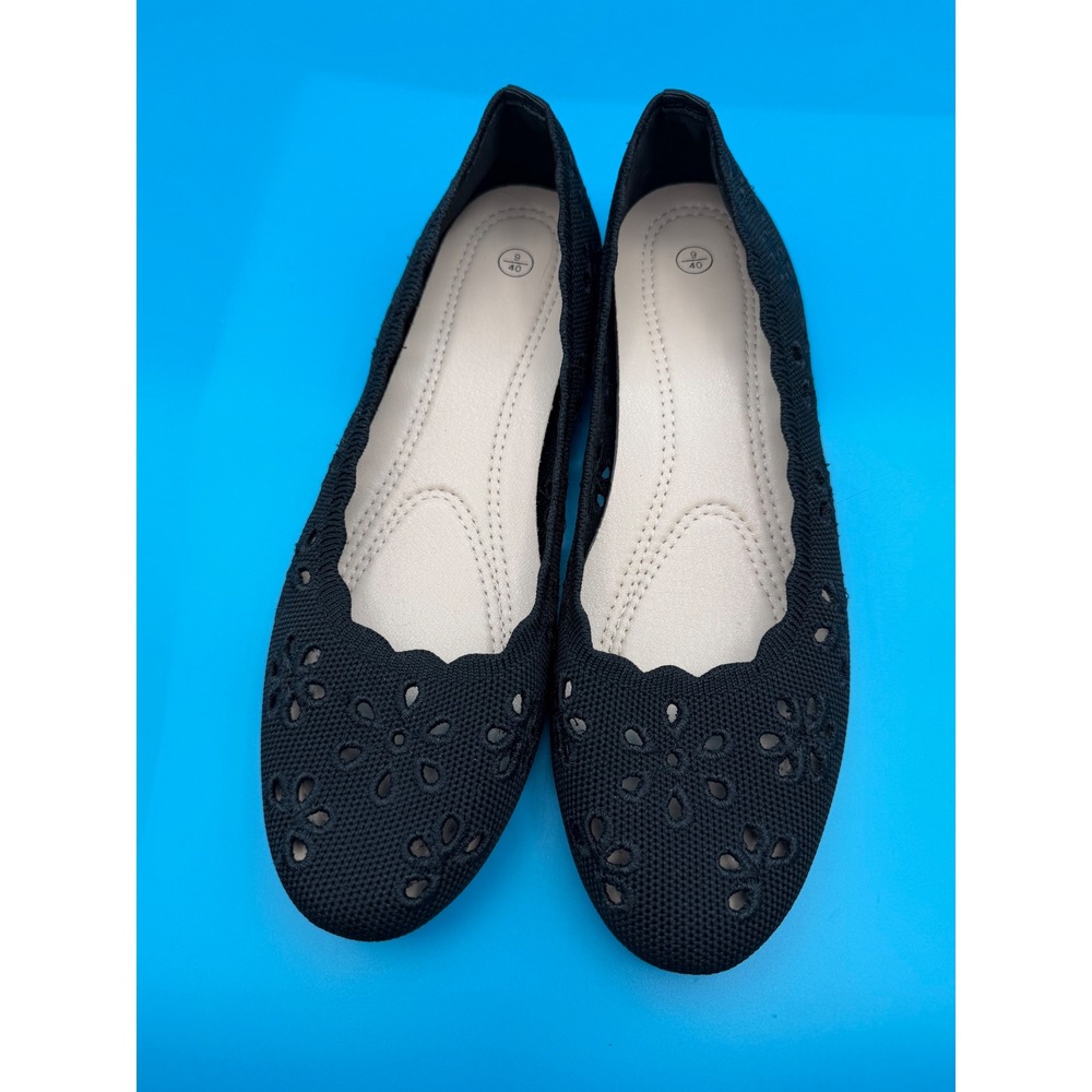 Unbranded Ballet Flats Women Size 9 Black Excellent Floral Laser Cut Scalloped